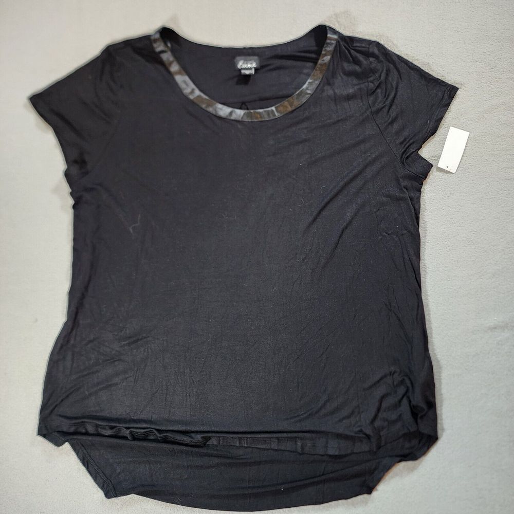 SIMPLY EMMA Short Sleeve‎ Shirt Black with Ribbon Collar High/Low Hem 1X
